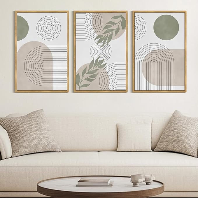 Drsoum Green Botanical Boho Wall Art Framed Modern Bohemian Sage Wall Decor Abstract Geometry Lines Prints Ready to Hang 24x36in Natural Framed