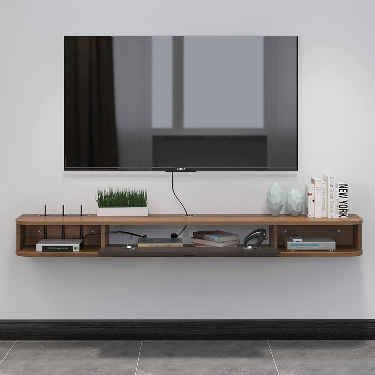 Pmnianhua Floating TV Shelf, 70'' Wall Mounted TV Stand Floating TV Console Media Entertainment Under TV Shelf for Bedroom Livingroom (Walnut)