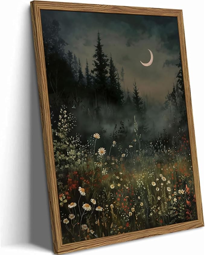 Vintage Moonlit Forest Wall Art Crescent Moon Forest Wildflower Gothic Canvas Prints Landscape Aesthetic Pictures Wall Decor for Living Room Bedroom Offices 12x16 inch Framed