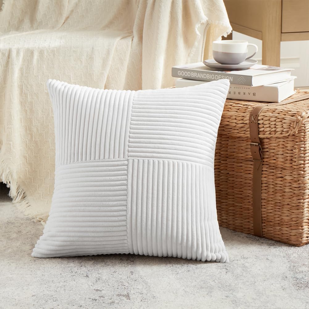 Fancy Homi 2 Packs Pure White Decorative Throw Pillow Covers 16x16 Inch for Living Room Couch Bed, Rustic Farmhouse Boho Home Decor, Soft Corss Patchwork Corduroy Textured Square Cushion Case 40x40 cm