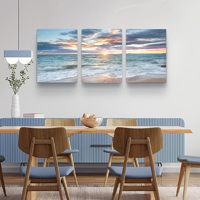 Yxbhhym Living Room Wall Art Coastal Artwork Picture Beach Sunset Canvas Prints Painting 3 Panels Framed Ocean Room Decor for Bedroom Decor Bathroom Office Artwork Home Decorations