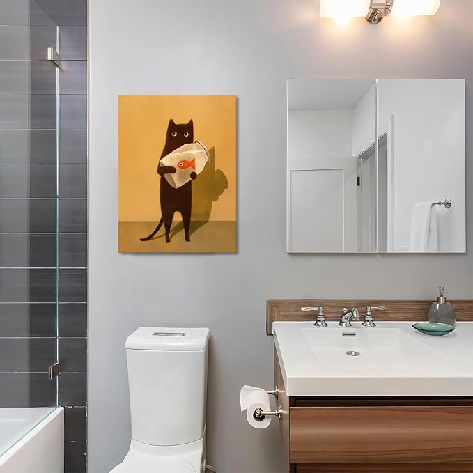 Funny Black Cat Wall Art, Abstract Black Cat and Fish Canvas Poster Print Picture, Cute Animal Wall Decor, Perfect for Cat Lovers for Bathroom Living Room Bedroom Kids Room 16x24 in Framed