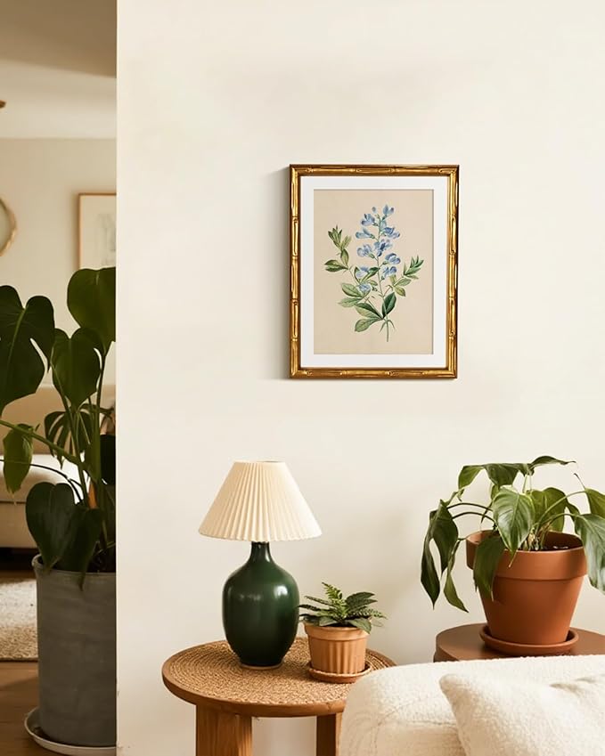 InSimSea Gold Bamboo Framed Canvas Wall Art, Vintage Rosa Chiba Flower Botanical Prints, Farmhouse Picture Frame with Mat, Victorian Home Wall Decor for Kitchen Living Room Bedroom, 11x14inch