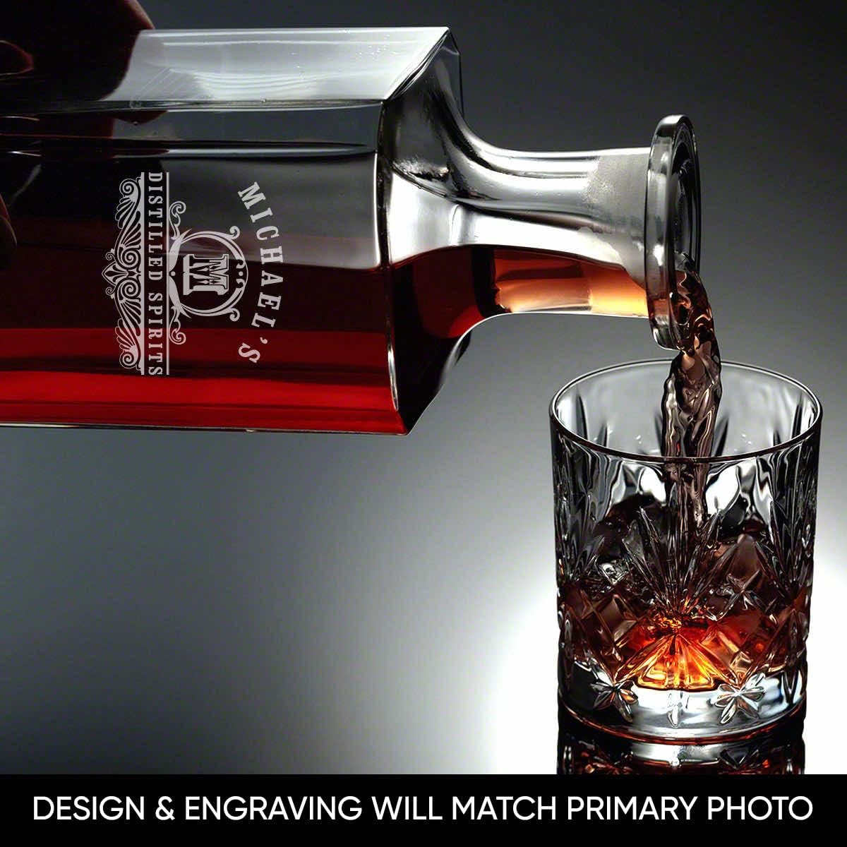 Personalized Whiskey Decanter Set with 4 Glasses and Custom Wood Box - 9 Design Options - Bourbon Glass Set