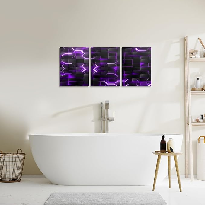 Feelyou Purple and Black Picture Wall Decor 12"x16" 3 Piece Honeycomb Canvas Wall Art Decor Hexagon Theme Office Decorations Artwork Posters Geometrical Beehive Painting