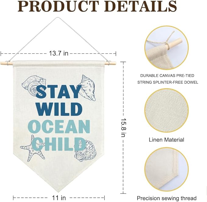 AGMDESIGN Stay Wild Ocean Child Canvas Hanging Pennant Flag Banner, Toddler Rooms Decor, Surf Room Wall Decor, Home Playroom Kids Room Nursery Flag Decor, Gifts for Teen Boys Girls Dorm Surfing Lover
