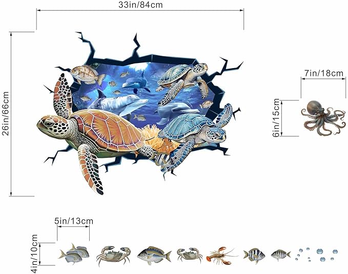 Sea Turtle Wall Stickers for Kids: Peel and Stick Under The Sea Marine Ocean Fish Wall Decals for Baby Nursery Kid Bedroom Toddler Room - Children Supplies Ages 1-12 Year Wall Decor