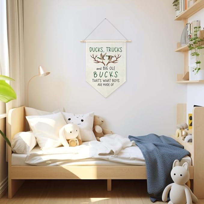 AGMDESIGN Ducks Trucks Big Ole Bucks That's What Little Boys Are Made Of Canvas Hanging Pennant Flag Banner, Deer Neutral Room Decor, Boys Hunting Gifts, Home School Classroom Kids Room Nursery Decor