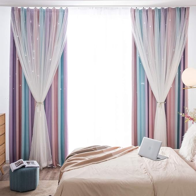 UNISTAR 2 Panels Blackout Curtains for Kids Girls Bedroom Aesthetic Living Room Decor Colorful Double Layer Star Cut Out Stripe Pink Rainbow Window Wall Home Decoration,W52 x L63 Inches