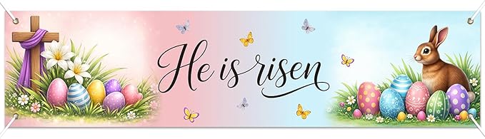 He Is Risen Easter Banner Christian Spring Decor 78 x 17 Inch Religious Easter Banner with Cross Eggs Bunny Scene for Church Yard Fence Door Wall Indoor Outdoor Display