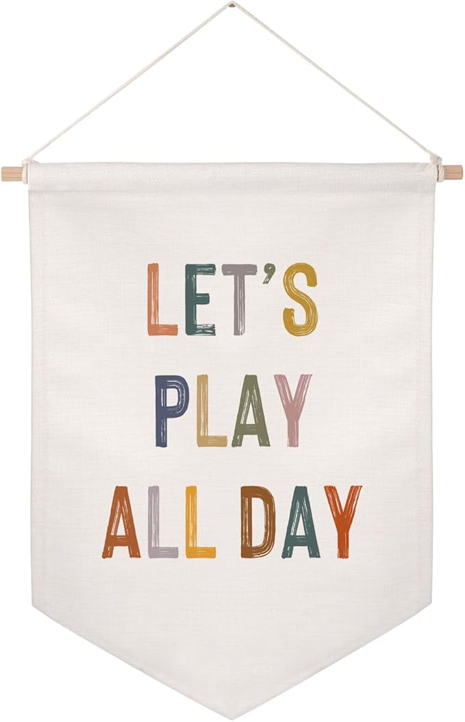 ZEARPT Let's Play All Day Flag Pennant Banner, Boho Nursery, Playroom Wall Hanging, 12.5 x 18 inches, Neutral Kids Decor