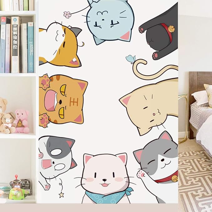 Cat Wall Stickers Decals, Cat Wall Decor Window Clings for Classroom, Cute Kitty Stickers Decor for Bedroom Anime Animals Peel and Stick Wall Decal for Kids Room