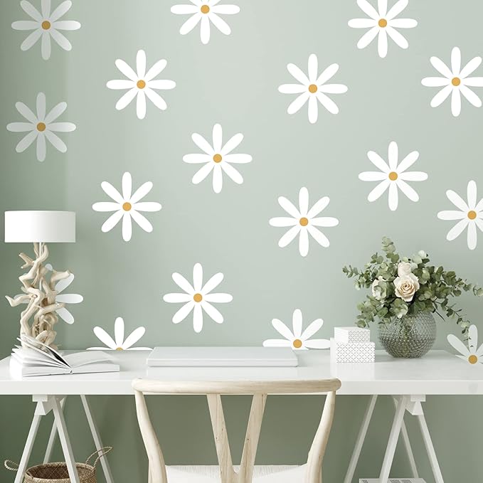 TaoBary 12 Sheet Daisy Wall Sticker Decal Removable Cute Daisy Bedroom Room Decor Flower Wall Sticker Pink White Flower Decal Wallpaper Peel and Stick for Nursery Home(White, Yellow,Fresh Style)