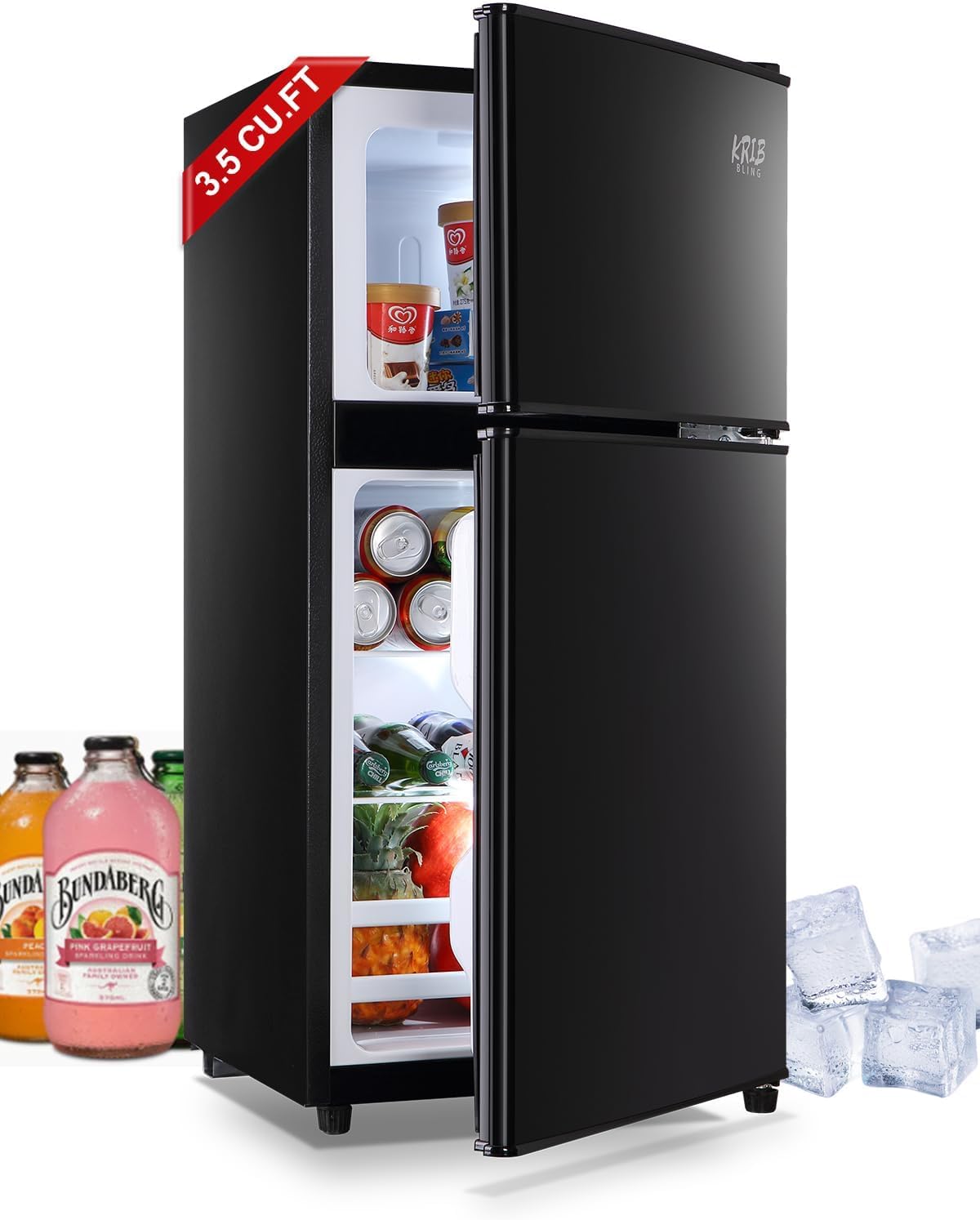 3.5 Cu.Ft Refrigerator 2 Door 7 Level Adjustable Thermostat Control Top-Freezer Refrigerator Lock Fresh Energy Saving Black (KB03-FLS-80-BLACK)
