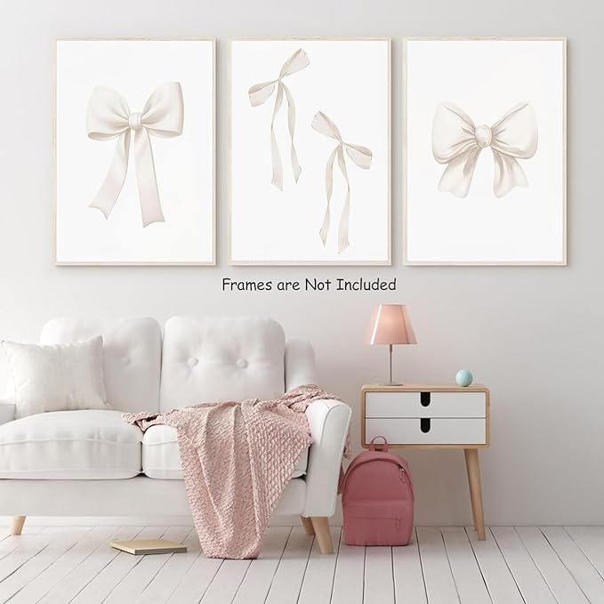 Djmwtb Preppy Bow Canvas Wall Art Beige Coquette Poster Prints Set of 3 Girly Apartment Aesthetic Pictures College Dorm Painting Decor for Girls Bedroom 12x16in Unframed