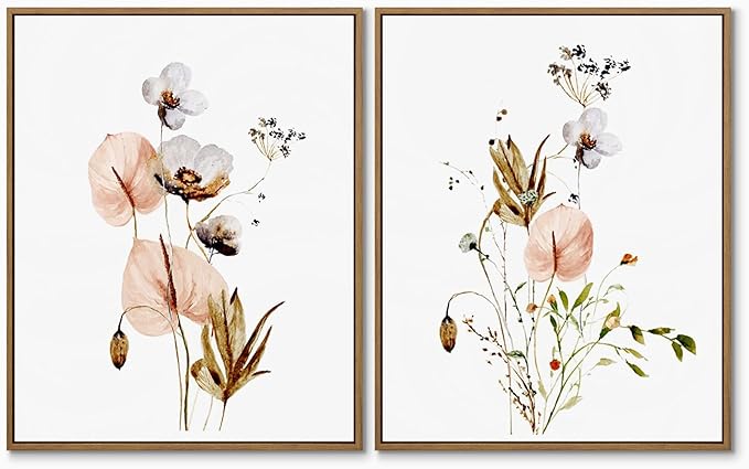 Set of 2 Watercolor Botanical Plant Picture Pink White Flower Canvas Wall Art Colorful Wildflower Poster Minimalist Floral Wall Decor Framed for Bedroom Living Room Home Office Decoration, 11x14 Inch