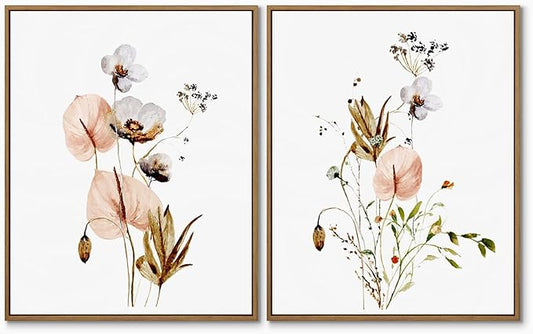 Set of 2 Watercolor Botanical Plant Picture Pink White Flower Canvas Wall Art Colorful Wildflower Poster Minimalist Floral Wall Decor Framed for Bedroom Living Room Home Office Decoration, 11x14 Inch