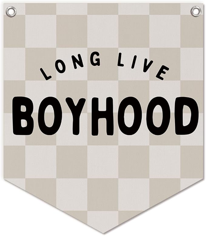 Lacama Long Live Boyhood Banner Boys Room Decor, Boy Nursery Decor, Brown Checkered Linen Banner Wall Hanging Banner Flag for Boys Bedroom Decor Toddler Boy Room Nursery 12x14 lnch