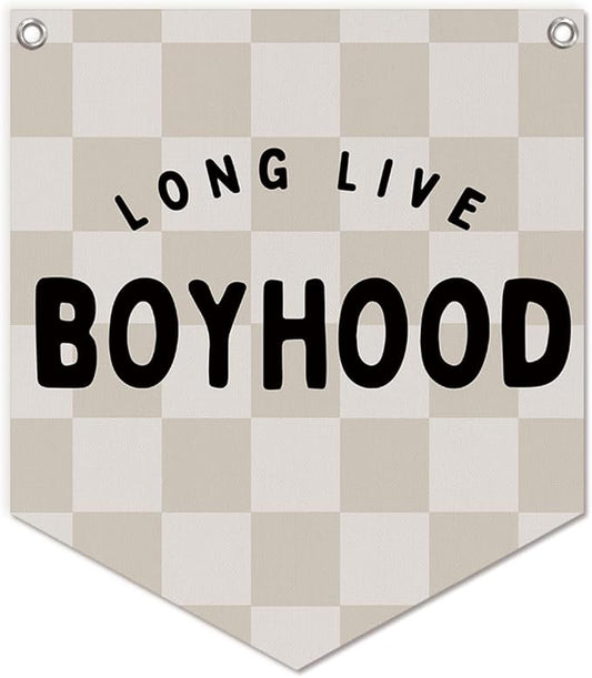 Lacama Long Live Boyhood Banner Boys Room Decor, Boy Nursery Decor, Brown Checkered Linen Banner Wall Hanging Banner Flag for Boys Bedroom Decor Toddler Boy Room Nursery 12x14 lnch