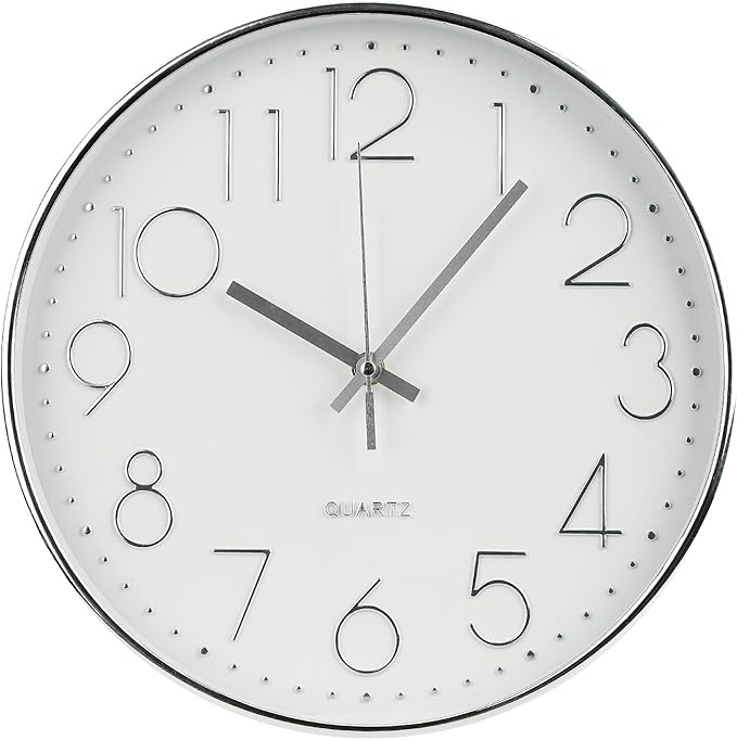 Wall Clock 10 Inch Non-Ticking Silent Modern Simple Style Round Decor Clock Silver Stereoscopic Dial Quartz Wall Clocks for Home/Office/School/Living Room/Bedroom/Kitchen