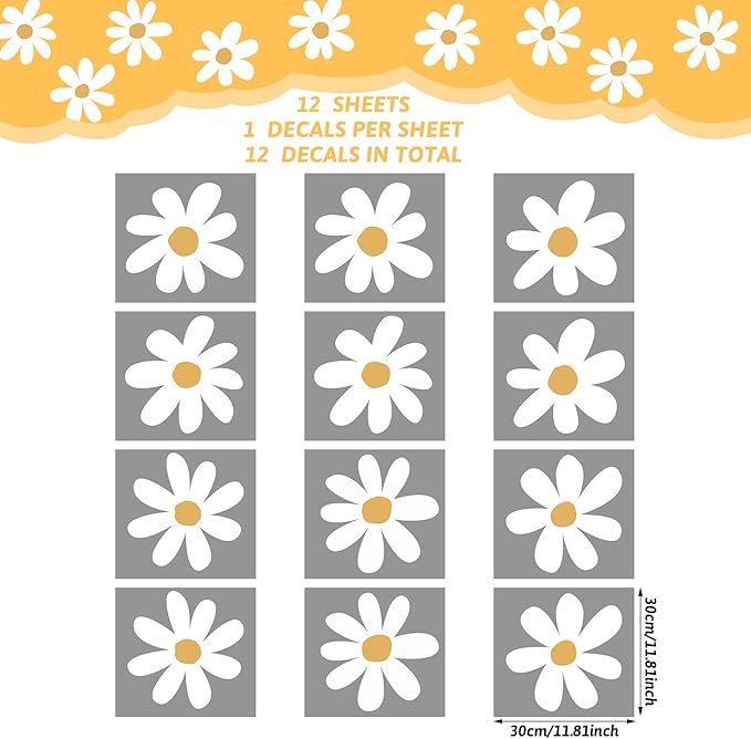 TaoBary 12 Sheet Daisy Wall Sticker Decal Removable Cute Daisy Bedroom Room Decor Flower Wall Sticker Pink White Flower Decal Wallpaper Peel and Stick for Nursery Home(White, Yellow,Vintage Style)
