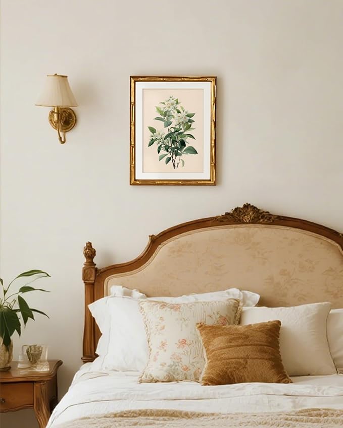 InSimSea Gold Bamboo Framed Canvas Wall Art, Vintage White Jasmine Botanical Prints, Antique Picture Frame with Mat, Victorian Home Wall Decor for Kitchen Dining Living Room Bedroom, 11x14inch