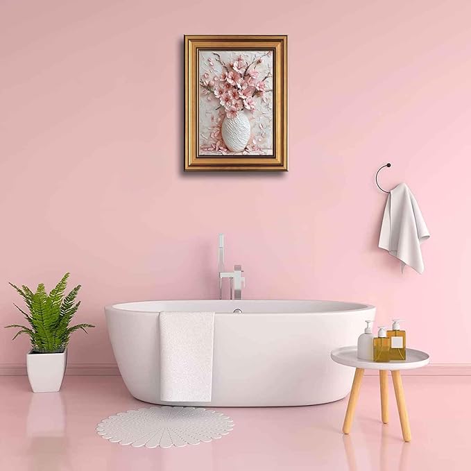 Gold Framed Pink Floral Canvas Wall Art 3D Texture Sakura Flower Botanical painting Decor Picture Cherry blossoms Poster Prints for Living Room Classroom Bedroom office corridor bathroom Decoration