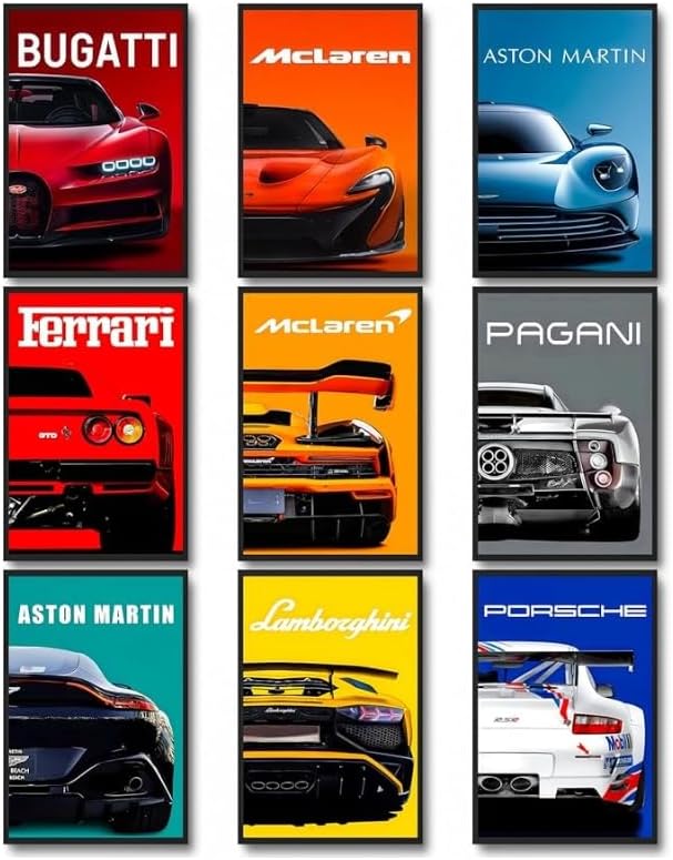 CSLGQGV Car Poster Vintage Racing Car Wall Art Supercar Canvas Prints Painting For Men Room Pictures Guys Dorm Room Aesthetics Decor Bedroom Office (Unframed,8×10inch,9pcs) Colorful car