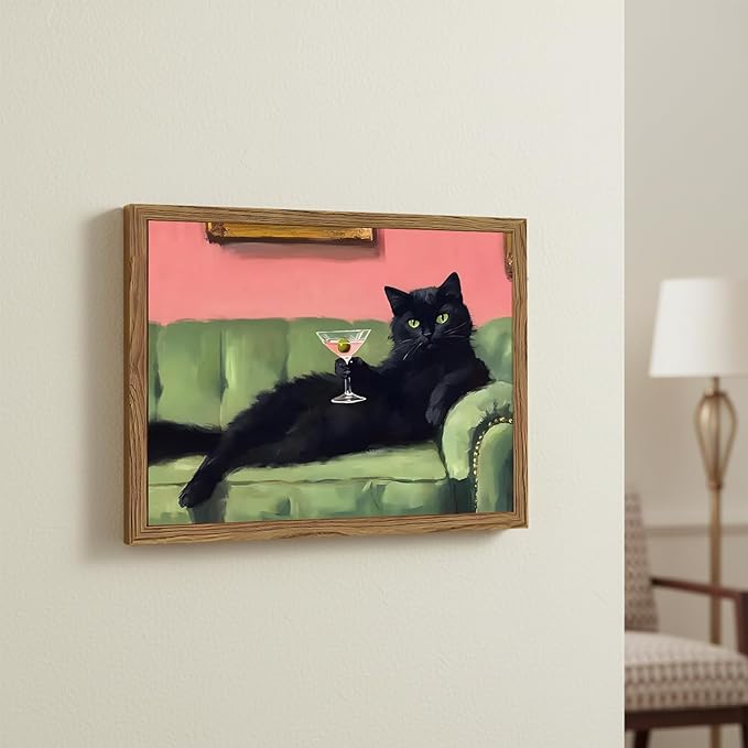 Funny Black Cat Martini Wall Art Eclectic Whimsical Cat Wall Decor Cocktail Bar Cart Painting Canvas Print Cute Animal Pictures for Bedroom Living Room Kitchen 8x10 inch Wood Framed