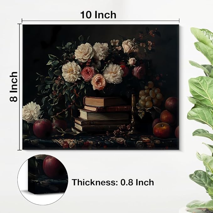 Vintage Books Flowers Wall Art Decor Dark Academia Canvas Print Poster Aesthetic Framed Painting Wall Decorations for Home Farmhouse Living Room Decor 8x10 Inch