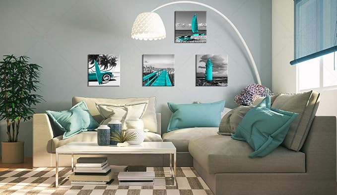 Beach Wall Art Teal Wall Decor Bathroom Decor Sets Accessories Black and White Ocean Lighthouse Painting Palm Tree Surfboard Car Bridge Picture Prints Seascape Office Bedroom Poster 12x12 inches x4