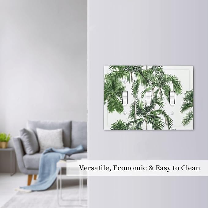 Decorative Switch Plates Palm Trees Tropical Green Plant Palm Leaf 3 Gang Wall Plate Triple Toggle Light Switch Cover Faceplate Electrical Wall Panels For Bed Room Bathroom Decor