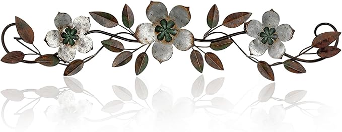 Wesiti Metal Flower Wall Decor Vintage Spring Metal Flower Wrought Iron Scroll Sculpture 15.7''x3.7'' Farmhouse Leaf Wall Decor with Nails for Spring Living Room Bedroom Indoor Outdoor (Silver Gray)