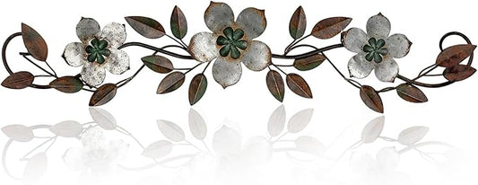 Wesiti Metal Flower Wall Decor Vintage Spring Metal Flower Wrought Iron Scroll Sculpture 15.7''x3.7'' Farmhouse Leaf Wall Decor with Nails for Spring Living Room Bedroom Indoor Outdoor (Silver Gray)