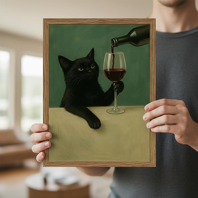 Funny Black Cat Wall Art 8x10 Inch Moody Black Cat with Wine Glass Canvas Wall Decor Whimsical Animal Bar Cart Poster Canvas Prints for Bathroom Kitchen Bar Wood Framed