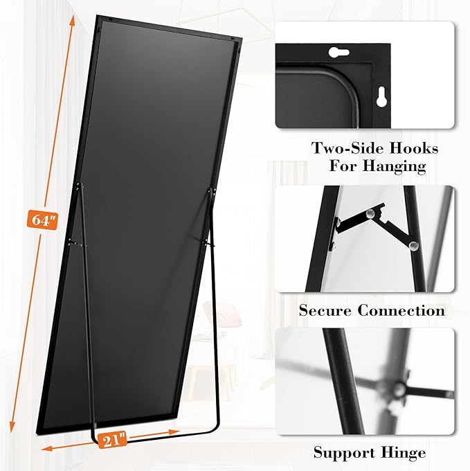 DUMOS Full Length Mirror with Stand 64"x21" Floor Standing Aluminum Frame for Bedroom Body Hanging Leaning Modern Simple Home Decor Shatter-proorf Nano Glass for Wall Living Room Cloakroom Black