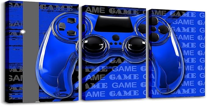 Feelyou Gamer Canvas Wall Art 12" x 16" 3 Piece Game Controller Office Wall Artwork Posters for Teens Adults Gaming Gifts Bathroom Wall Art for Home Gamepad Blue and Black Wall Painting