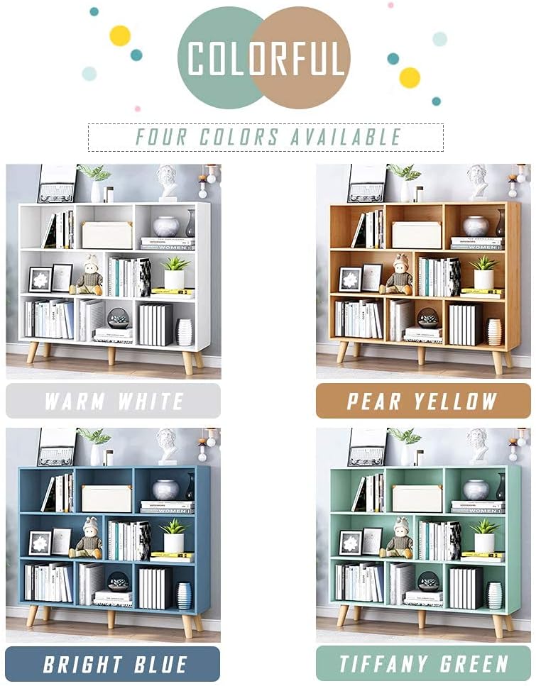 IOTXY Wooden Open Shelf Bookcase - 3-Tier Floor Standing Display Cabinet Rack with Legs, 8 Cubes Bookshelf, Tiffany-Green