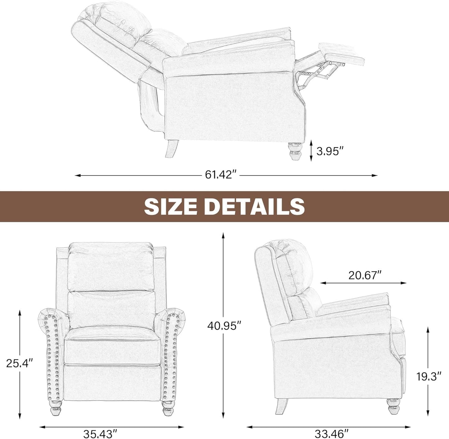 UIXE Pushback Recliner Chair, Faux Leather Armchair Overstuffed Accent Chair for Living Room, Rivet Trim Club Chair Home Theater Single Sofa Bedroom Side Reading Seat - Navy Blue
