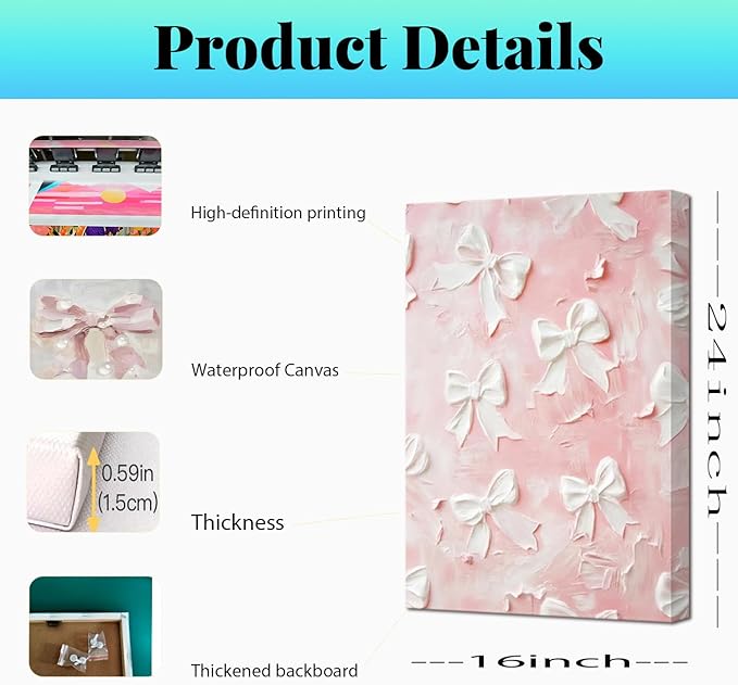 Pink Bow Canvas Wall Art Set of 3 Coquette Oil Painting Cute Bow Posters Wall Decor Trendy Preppy Print Picture for Back to School Bedroom Bathroom College Dorm 16x24 In Framed