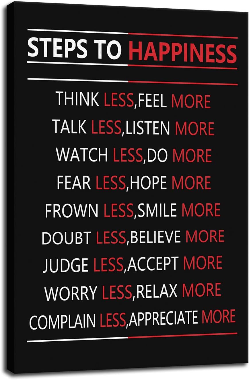 Motivational Wall Art for Office Steps For Happiness Inspirational Positive Poster Inspiring Canvas Painting Prints Wall Pictures for Living Room Home Decor Framed Artwork [24''W x 36''H]