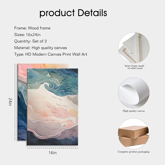 2Pcs framed Mental Health Poster Inhale Exhale Meditation Vintage Abstract Watercolor Canvas Prints Wall Art for Therapy Office Calming Corner Wall Decor 16x24 in