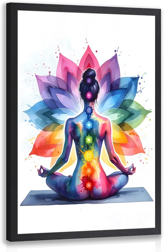 GELDSTEI Wood Framed Zen Wall Art, Chakra Yoga Wall Decor, Colorful Meditation Poster Print, Spiritual Canvas Painting, Vibrant Meditating Woman Aesthetic Picture for Living Room Yoga Studio 16x24 Inch