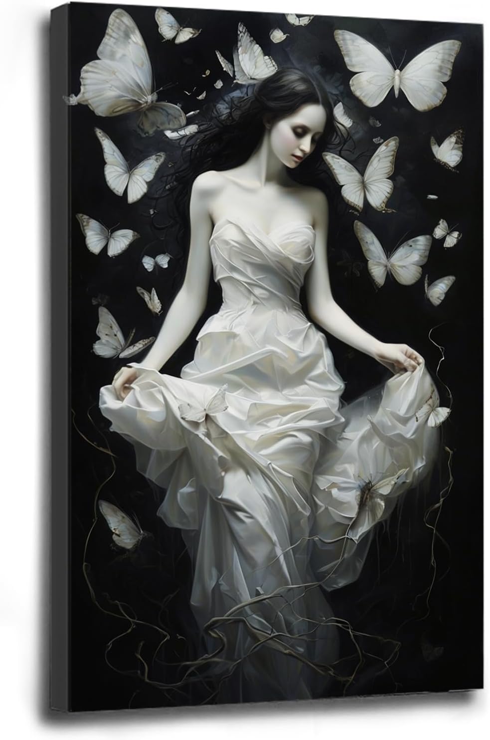 Vintage Gothic Feminine Canvas Wall Art Print Butterfly Poster Moody Preppy Wall Art Dark College Decor for Home Bedroom28x40in Wood Framed