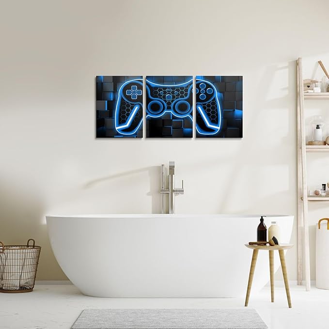 Feelyou Gamer Canvas Wall Art Gaming Bathroom Wall Art for Home Decor 12"x16" 3 Piece for Lighting Honeycomb Game Controller Office Wall Artwork Posters Blue and Black Geometric Wall Painting