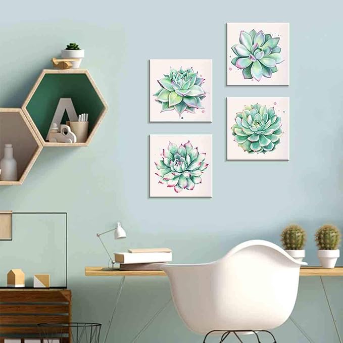YOOOAHU Home Wall Art Decor Succulent Plants Simple Life Canvas Paintings Posters Prints 16" x 16" 4 Pieces Watercolor Hand-Drawn Green Leaf Framed Nature Pictures for Living Room Kitchen Decorations