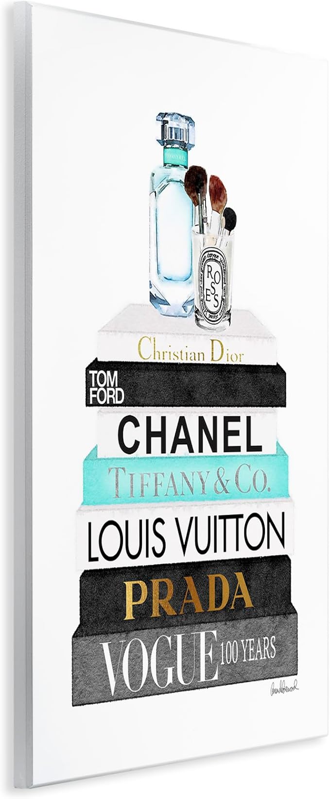 Stupell Industries Book Stack Perfume Brushes Glam Fashion Watercolor Wall Plaque, 10 x 15