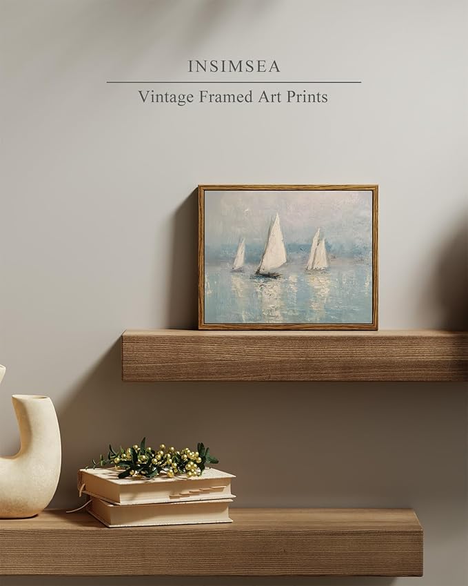InSimSea Framed Canvas Wall Art, Vintage Sailboats Art for Living Room Hallway Shelf, 10x8in,Impressionist Coastal landscape Watercolor Painting, Rustic Cozy Mid Century Small Seaside Nature Decor