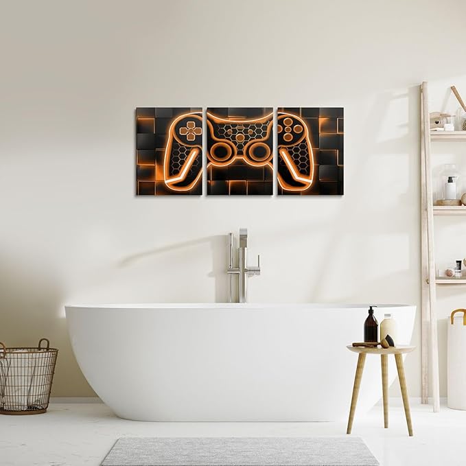 Feelyou Gamer Canvas Wall Art - 3 Piece Orange & Black Picture Decor, 12"x16", Gaming & Office Wall Artwork Posters