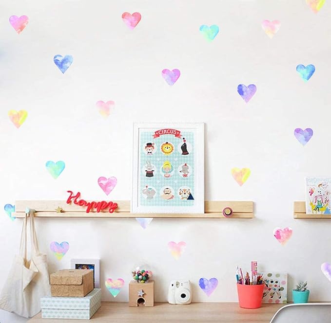 Colorful Heart Wall Decals Watercolor Hearts Wall Stickers Heart Wall Decals for Girls Bedroom Nursery Kids Room Decor